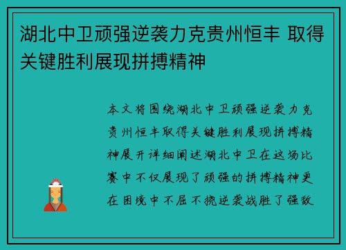 湖北中卫顽强逆袭力克贵州恒丰 取得关键胜利展现拼搏精神