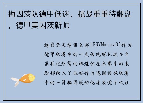 梅因茨队德甲低迷，挑战重重待翻盘，德甲美因茨新帅