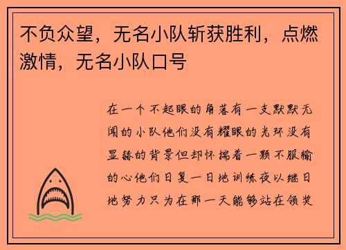 不负众望，无名小队斩获胜利，点燃激情，无名小队口号
