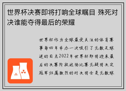 世界杯决赛即将打响全球瞩目 殊死对决谁能夺得最后的荣耀